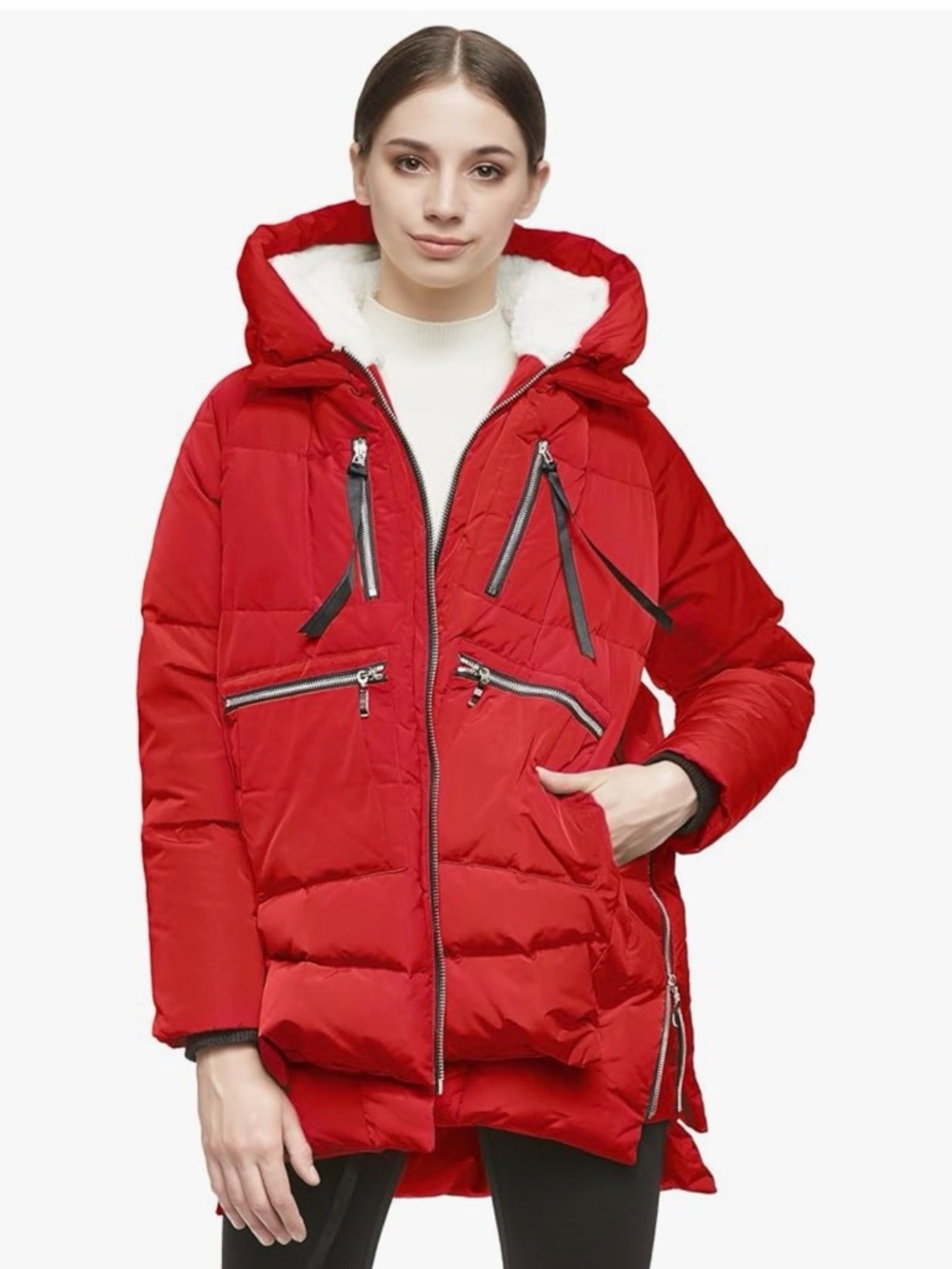 OROLAY Women's Red Hooded Puffer Jacket with Sherpa Lined Hood